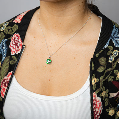 Sterling Silver Rhodium Plated White And Green Cubic Zirconia Flower Pendant