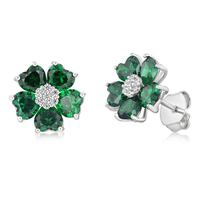 Sterling Silver Rhodium Plated White And Green Cubic Zirconia Flower Stud Earrings
