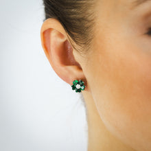 Load image into Gallery viewer, Sterling Silver Rhodium Plated White And Green Cubic Zirconia Flower Stud Earrings