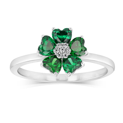 Sterling Silver Rhodium Plated White And Green Cubic Zirconia Flower Ring