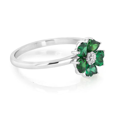 Sterling Silver Rhodium Plated White And Green Cubic Zirconia Flower Ring