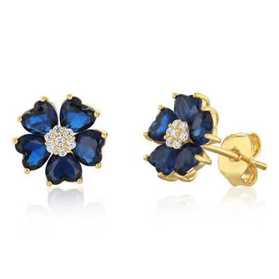 Sterling Silver Gold Plated White And Sapphire Blue Cubic Zirconia Flower Stud Earrings