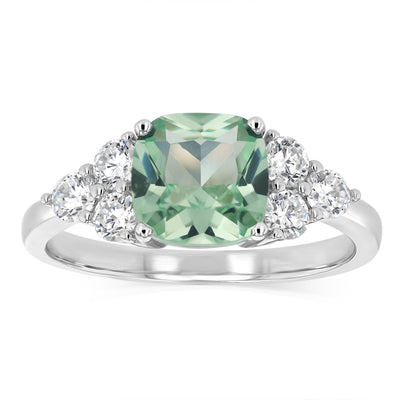 Sterling Silver Rhodium Plated Nano Green And White Cubic Zirconia Fancy Ring