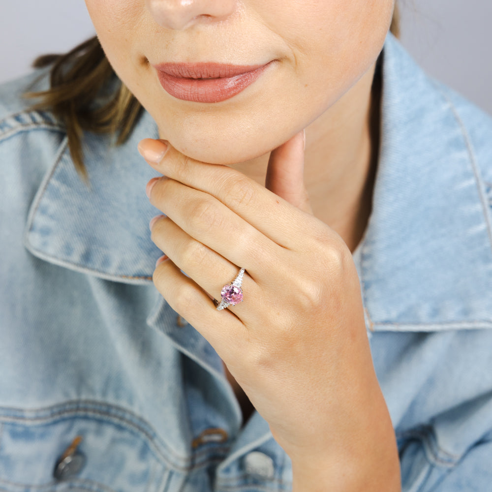 Sterling Silver Rhodium Plated White And Pink Cubic Zirconia Fancy Ring
