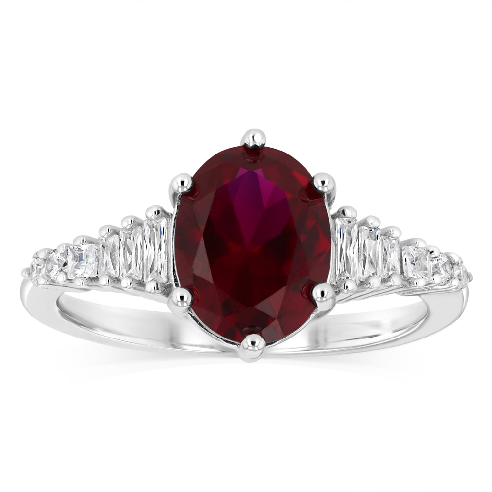 Sterling Silver Rhodium Plated White And Red Corundum Cubic Zirconia Fancy Ring