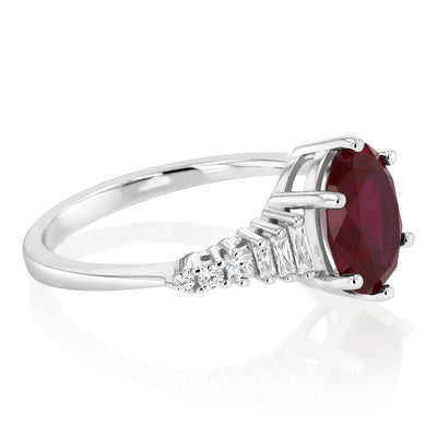 Sterling Silver Rhodium Plated Red Corundum and White Cubic Zirconia Fancy Ring