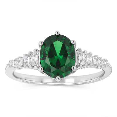 Sterling Silver Rhodium Plated White And Green Cubic Zirconia Ring
