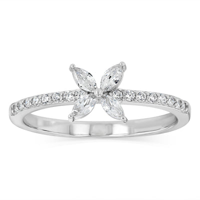 Sterling Silver White Cubic Zirconia Flower Fancy Ring
