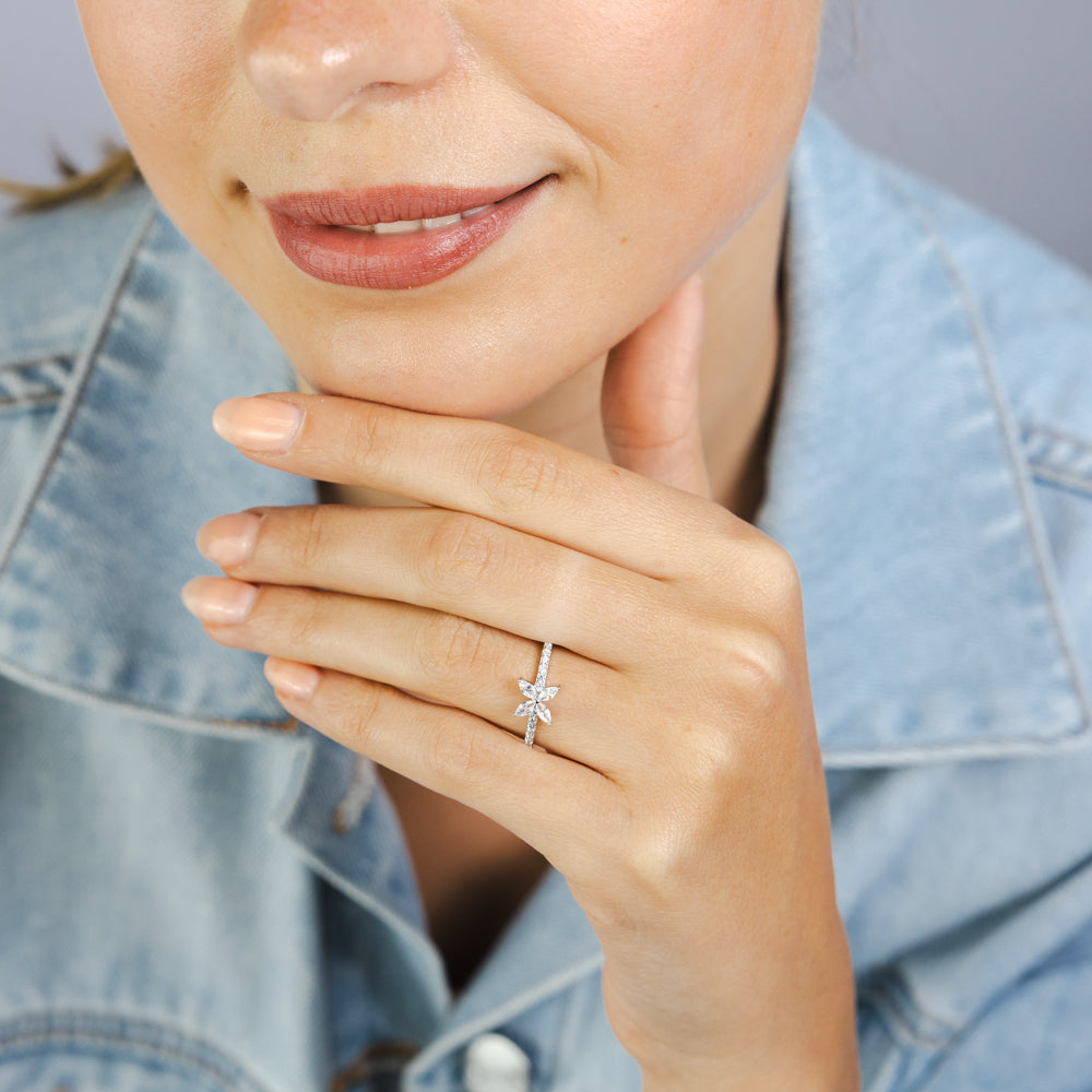 Sterling Silver White Cubic Zirconia Flower Fancy Ring