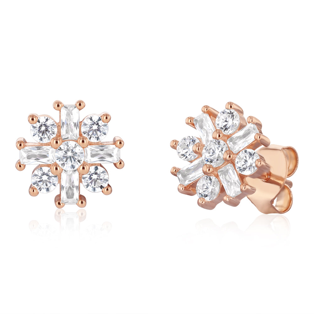 Sterling Silver Rose Gold Plated White Cubic Zirconia Flower Stud Earrings