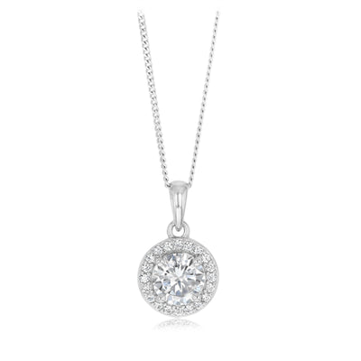 Sterling Silver Round White Cubic Zirconia Halo Pendant