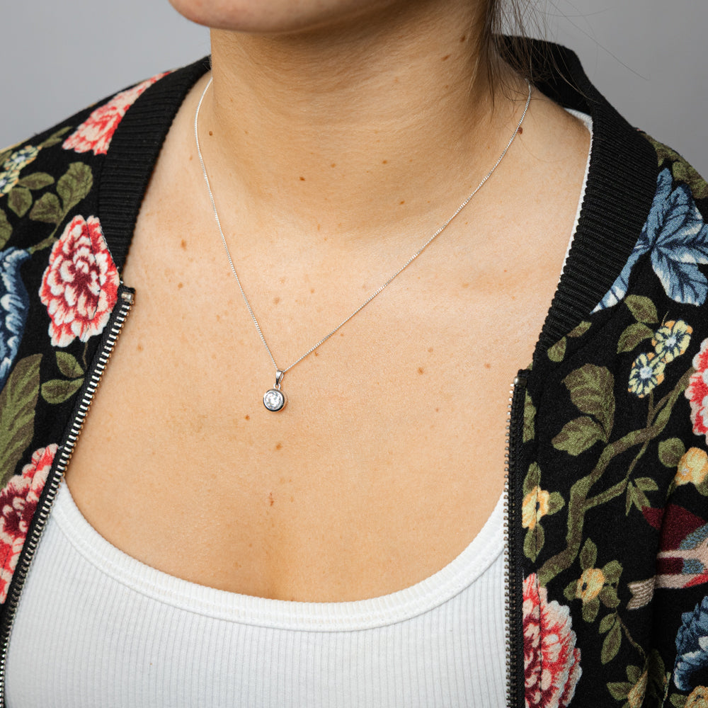 Sterling Silver Round Cubic Zirconia Bezel Set Pendant