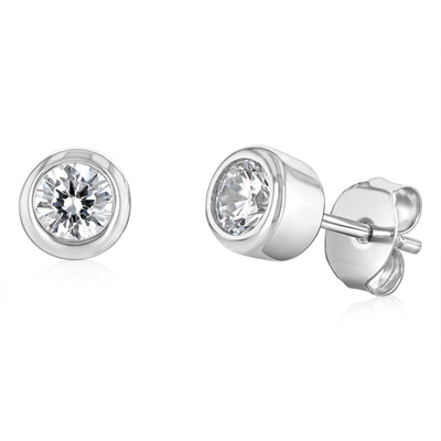 Sterling Silver Bezel Set Round White Cubic Zirconia Stud Earrings