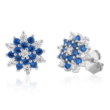 Load image into Gallery viewer, Sterling Silver White And Blue Cubic Zirconia Fancy Flower Stud Earrings