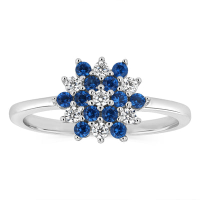 Sterling Silver White And Blue Cubic Zirconia Fancy Flower Ring