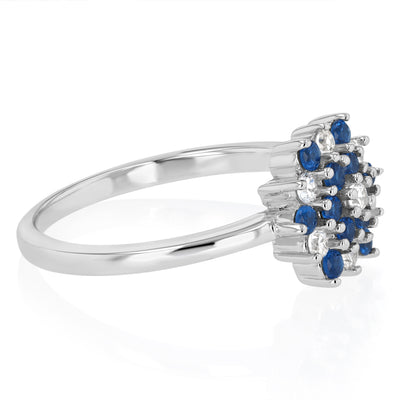 Sterling Silver White And Blue Cubic Zirconia Fancy Flower Ring