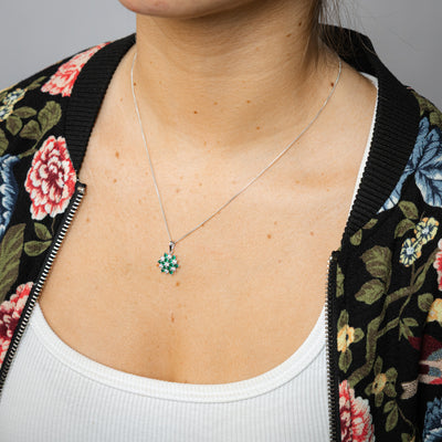 Sterling Silver White And Green Cubic Zirconia Fancy Flower Pendant