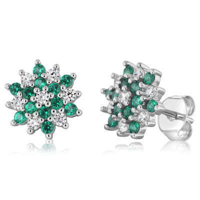Sterling Silver White And Green Cubic Zirconia Fancy Flower Stud Earrings