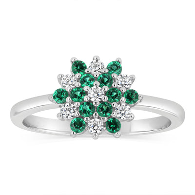 Sterling Silver White And Green Cubic Zirconia Fancy Flower Ring