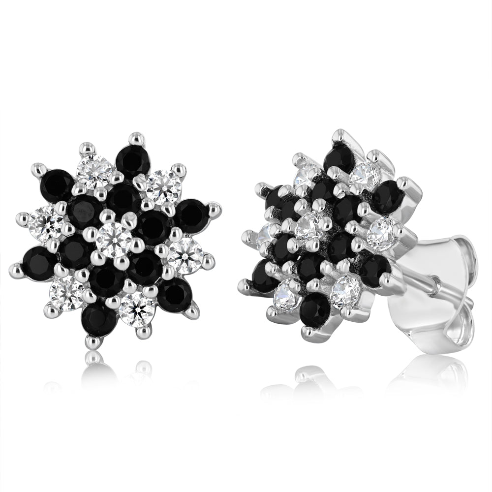Sterling Silver White And Black Cubic Zirconia Fancy Flower Stud Earrings