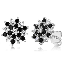 Load image into Gallery viewer, Sterling Silver White And Black Cubic Zirconia Fancy Flower Stud Earrings