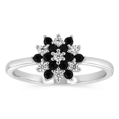Sterling Silver White And Black Cubic Zirconia Fancy Flower Ring