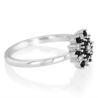 Sterling Silver White And Black Cubic Zirconia Fancy Flower Ring