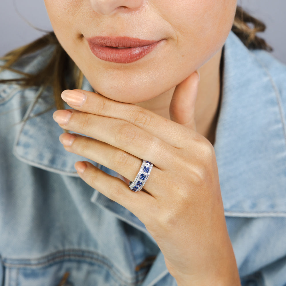 Sterling Silver White And Tanzanite Colour Cubic Zirconia Fancy Ring