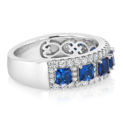 Sterling Silver White And Sapphire Blue Cubic Zirconia Fancy Ring