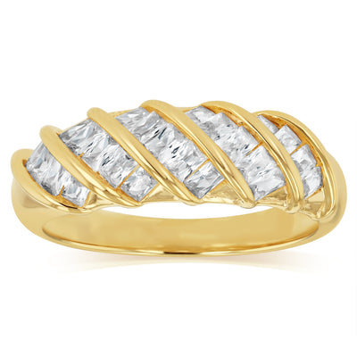Sterling Silver Gold Plated White Cubic Zirconia Stripped Fancy Ring