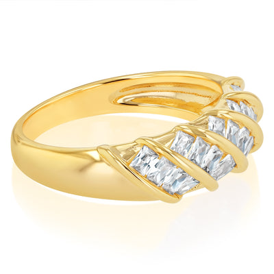 Sterling Silver Gold Plated White Cubic Zirconia Stripped Fancy Ring