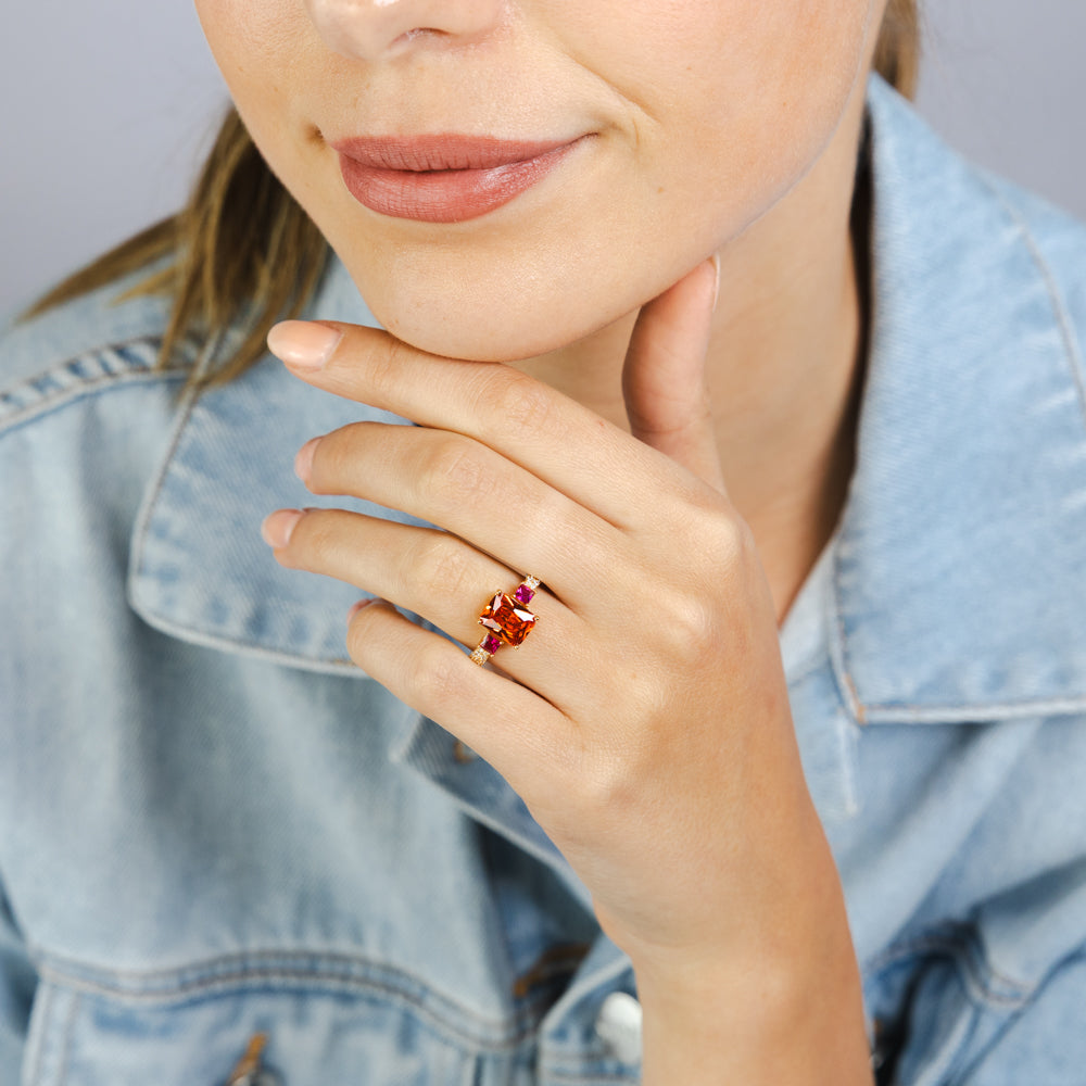 Sterling Silver Gold Plated White Red and Orange Cubic Zirconia Ring