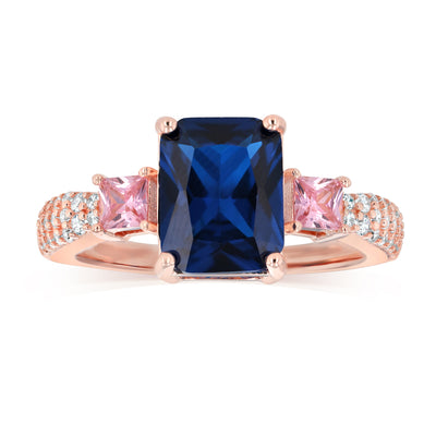 Sterling Silver Rose Gold Plated White Pink and Sapphire Blue Cubic Zirconia Fancy Ring