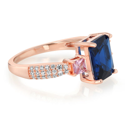 Sterling Silver Rose Gold Plated White Pink and Sapphire Blue Cubic Zirconia Fancy Ring
