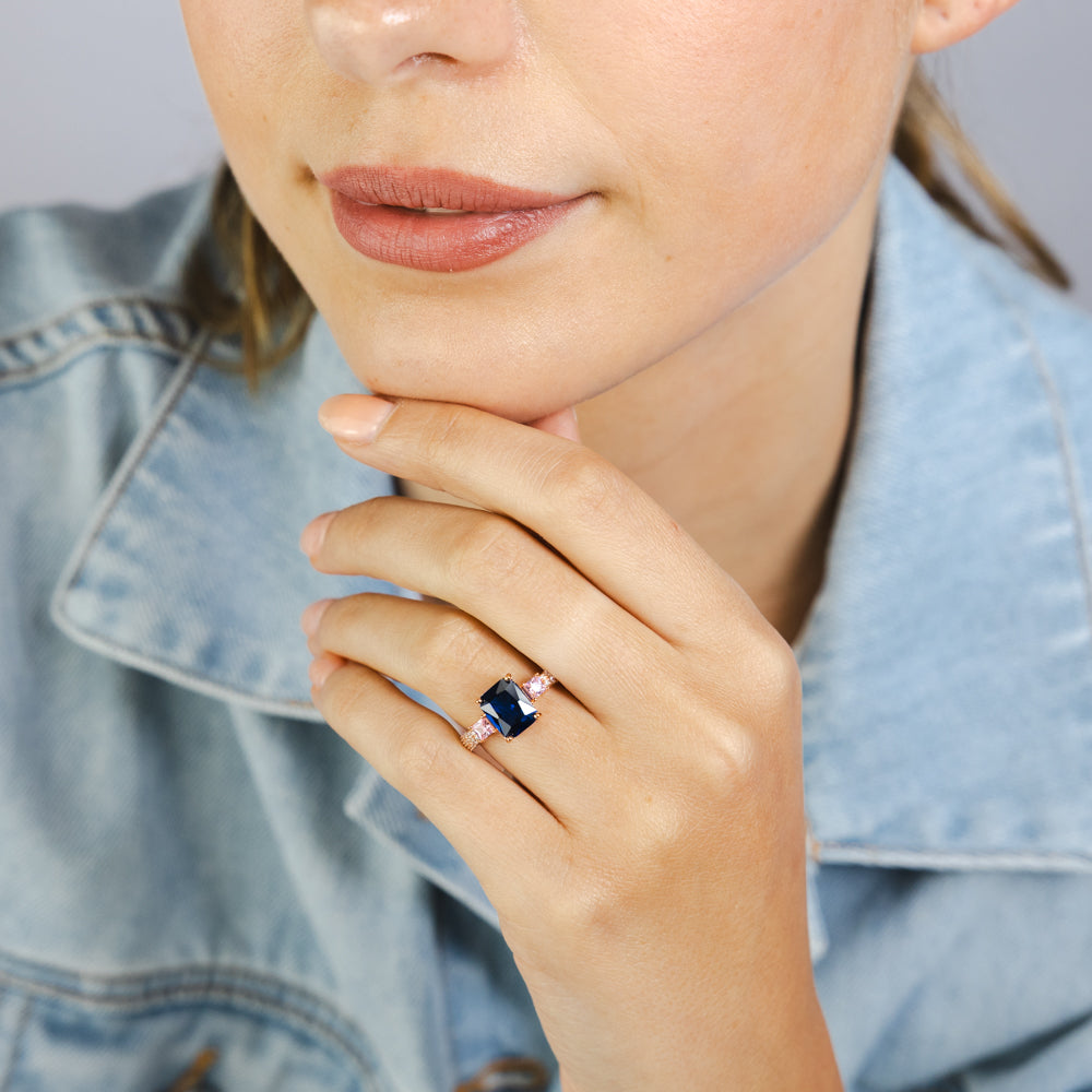 Sterling Silver Rose Gold Plated White Pink and Sapphire Blue Cubic Zirconia Fancy Ring