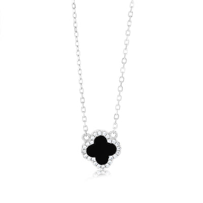 Sterling Silver Rhodium Plated Clover Black Agate And White CZ Pendant On 40-45cm Chain