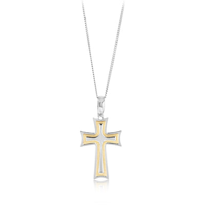 Sterling Silver Fancy Cross With 9ct Gold Satined Pattern Pendant