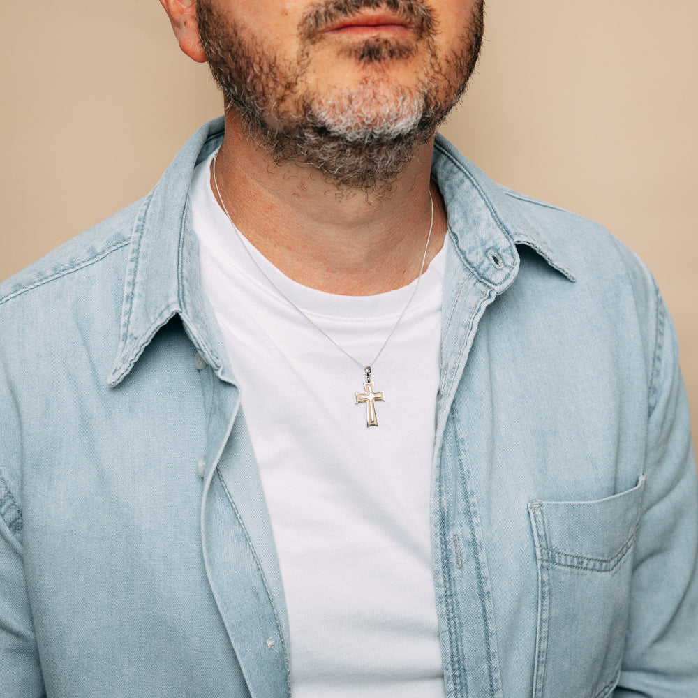 Sterling Silver Fancy Cross With 9ct Gold Satined Pattern Pendant