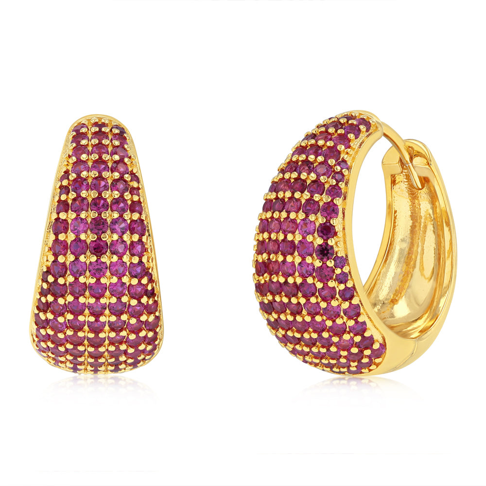 Gold Plated Sterling Silver Red Pave Huggie Earrings