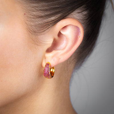 Gold Plated Sterling Silver Red Pave Huggie Earrings