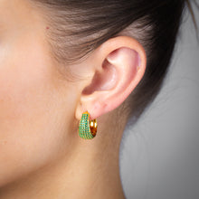 Load image into Gallery viewer, Gold Plated Sterling Silver Green Pave Huggie Earrings
