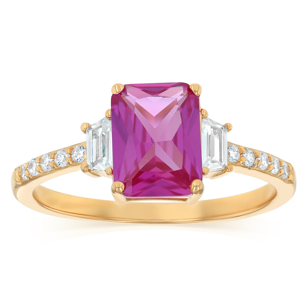 Sterling Silver Gold Plated Elongated Red and White CZ Ring