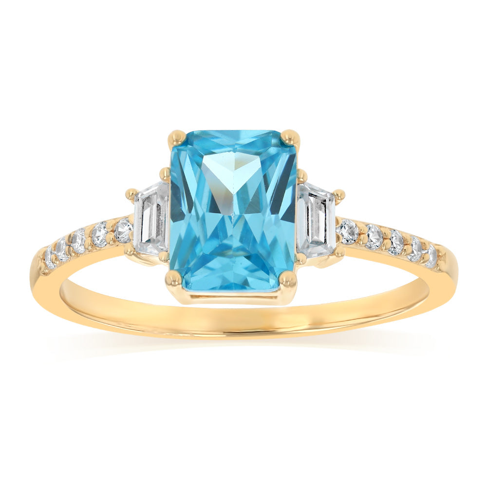 Sterling Silver Gold Plated Elongated Blue CZ Ring