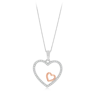 Sterling Silver CZ Double Heart Pendant with Rose Gold Accent