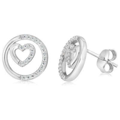 Sterling Silver CZ Round and Heart Stud Earrings