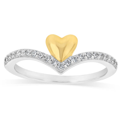 Sterling Silver CZ V-Shaped Ring with Gold Plated Heart
