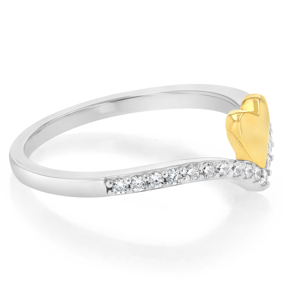 Sterling Silver CZ V-Shaped Ring with Gold Plated Heart