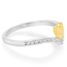 Load image into Gallery viewer, Sterling Silver CZ V-Shaped Ring with Gold Plated Heart