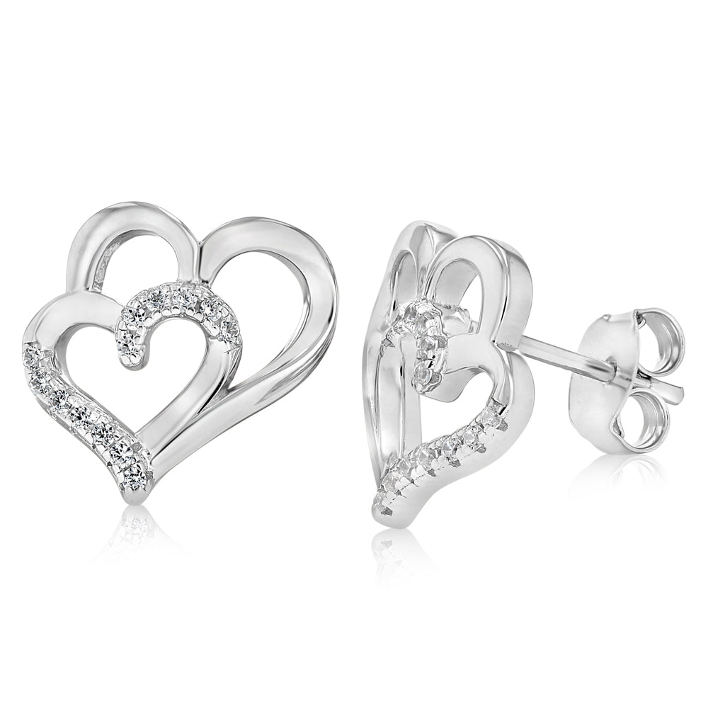 Sterling Silver CZ Double Heart Stud Earrings