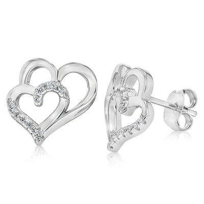 Sterling Silver CZ Double Heart Stud Earrings